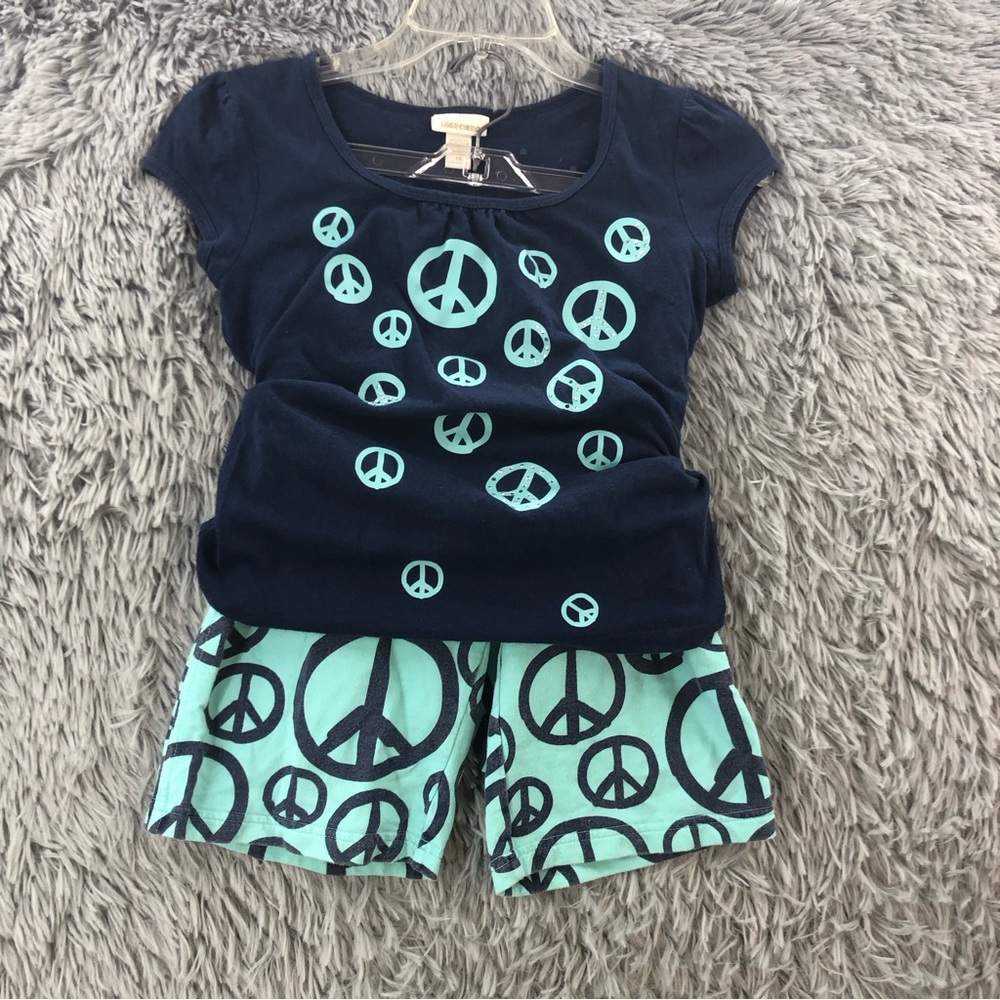 Limited Too Shorts Set Girls Size 10 2 Piece Peace Emblem Blue Green